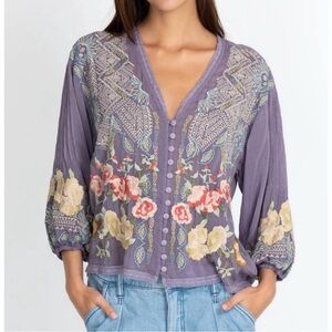 JOHNNY WAS Castana Blouse Lilac Size Small S Embroidered Floral Boho